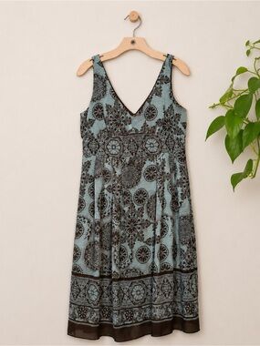 Vintage Kathy Roberts Teal Brown Mandala Chiffon Blouson Midi Dress M